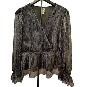 NWOT Worthington Black Silver Metallic Peplum Blouse Petite Large PL